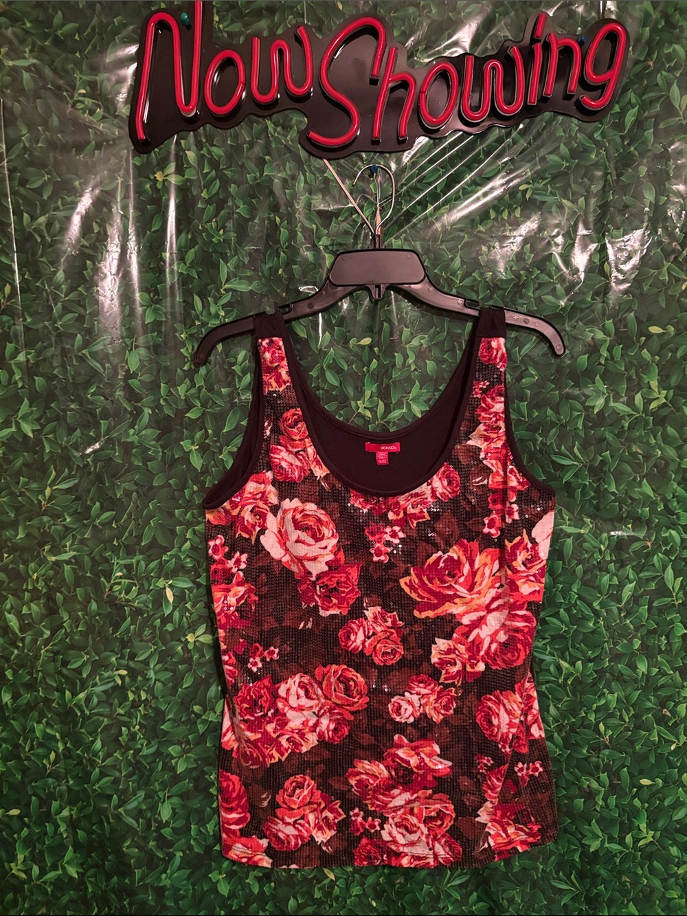 BONGO Black Sequin Tank Top with Red Floral Print
